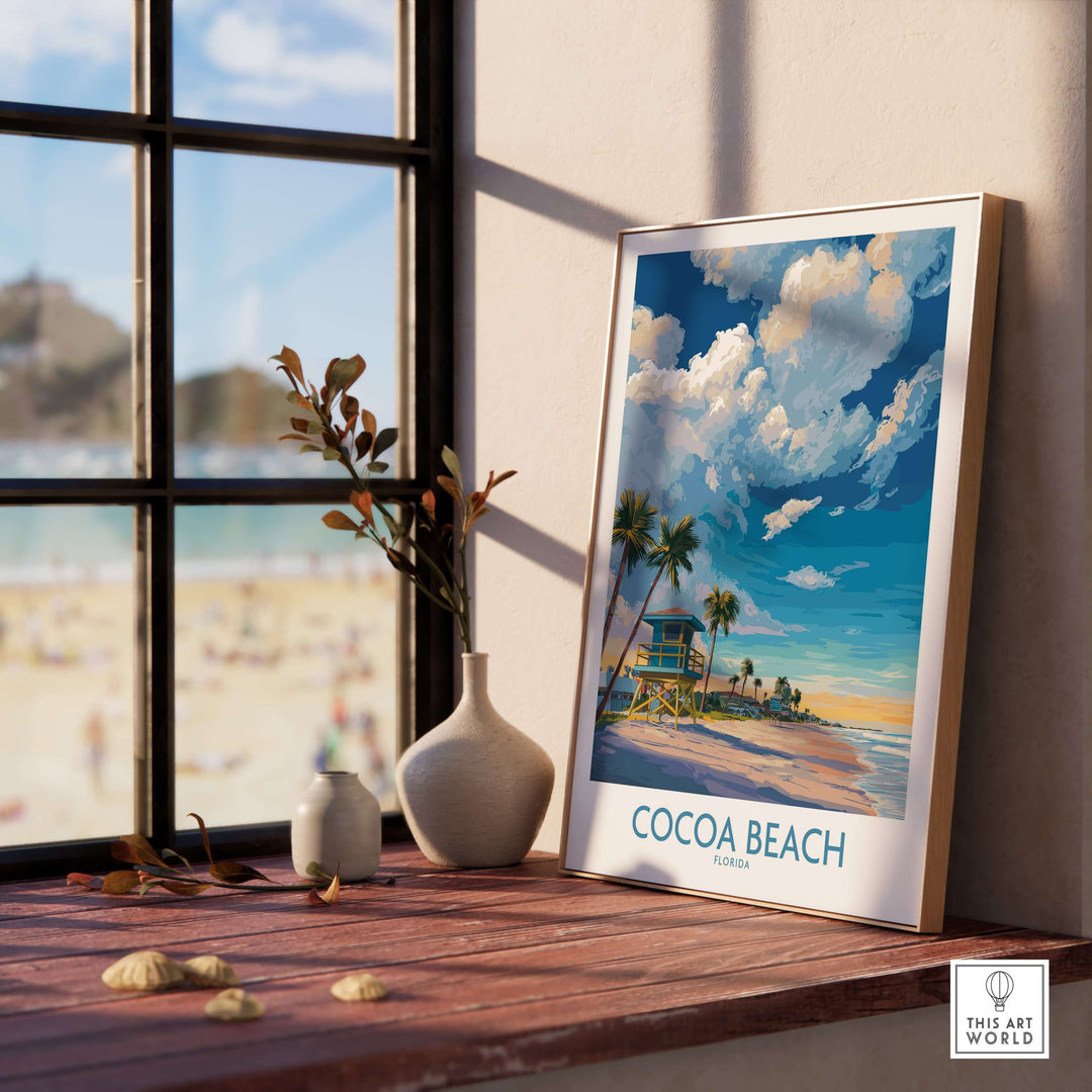 Cocoa Beach Florida oceanfront landscape print displayed in a bright room with a coastal view and decorative accents.