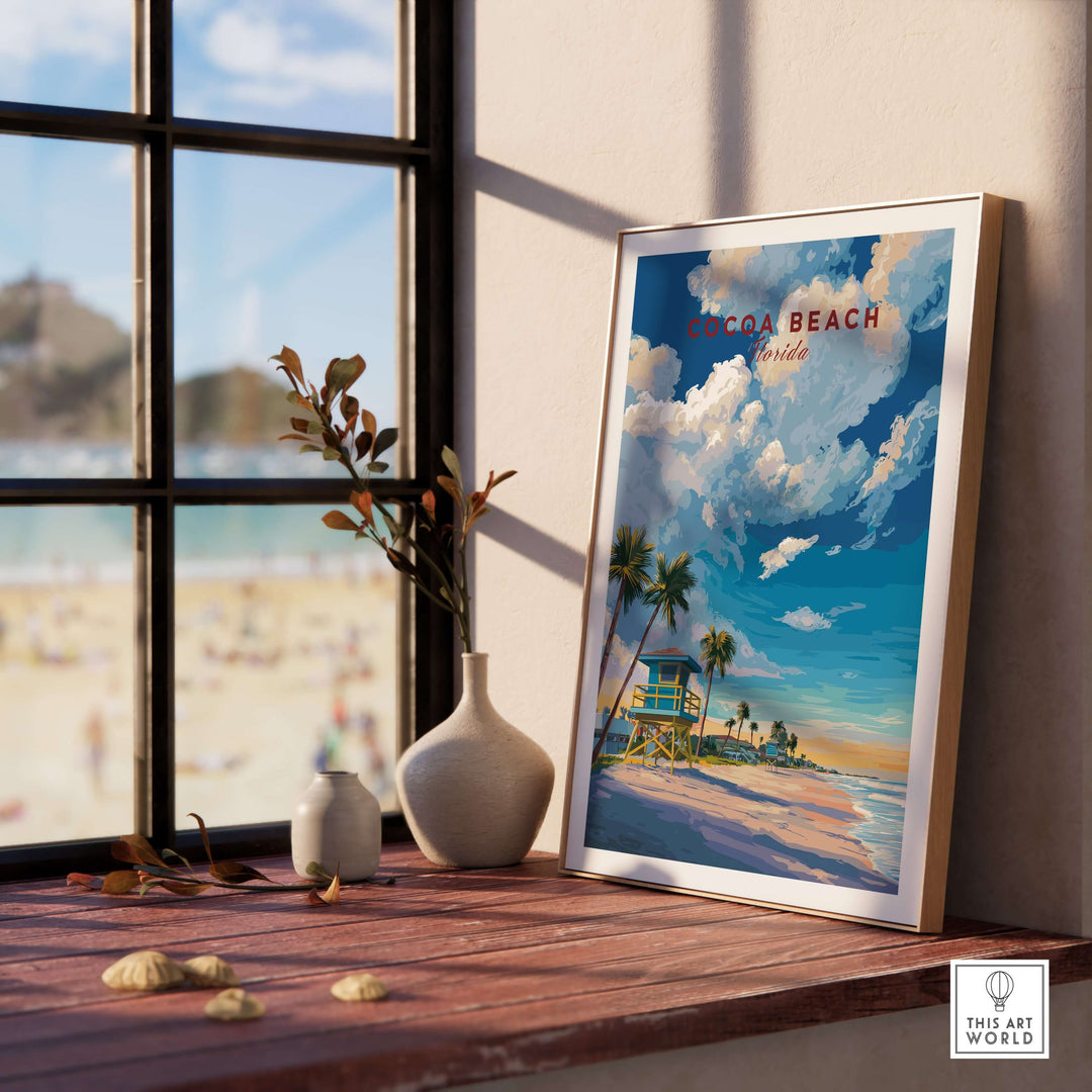 Cocoa Beach Lifeguard Tower poster on a windowsill, showcasing vibrant palm trees and beach scenery.