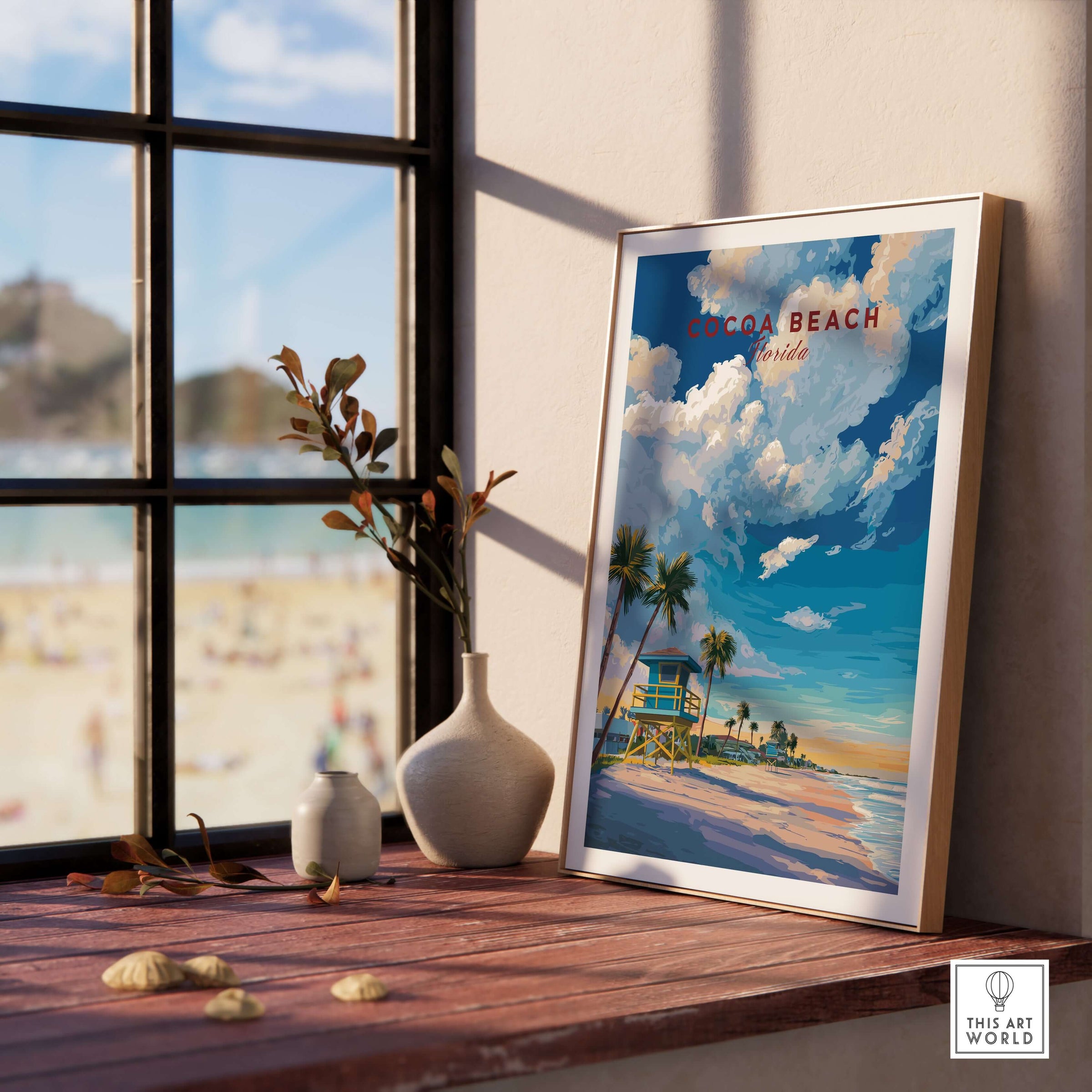 Cocoa Beach Lifeguard Tower Poster - Palm Tree Beach Wall Art displayed by a window with a vibrant beach scene.