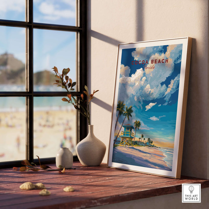 Cocoa Beach Lifeguard Tower poster on a windowsill, showcasing vibrant palm trees and beach scenery.