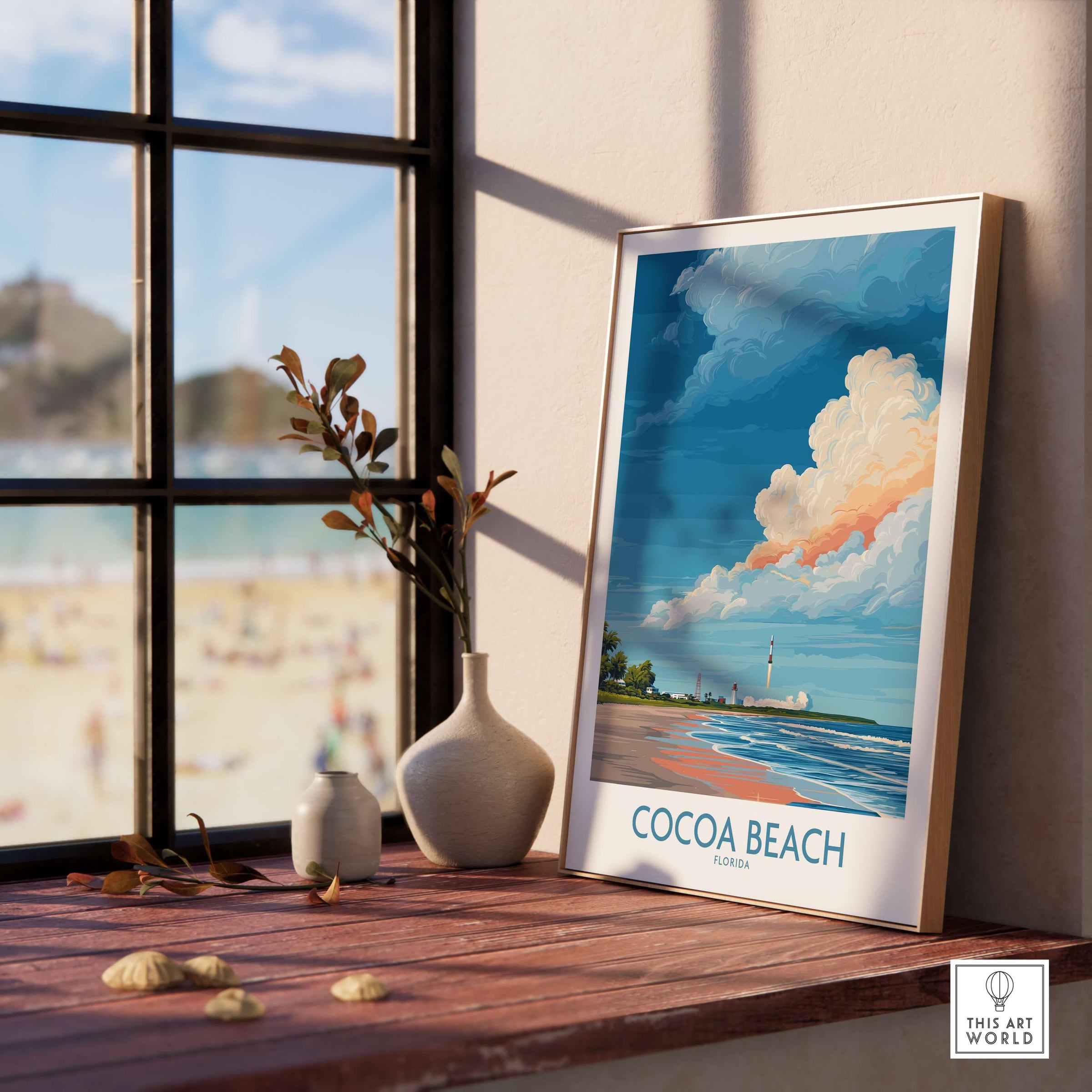 Cocoa Beach Kennedy Space Center Poster - Florida Wall Art Decor displayed in a sunny beach-themed room.