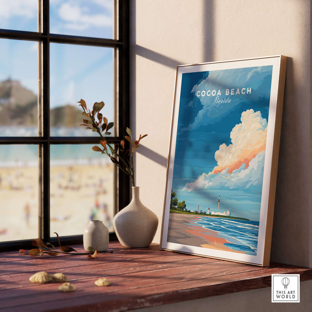 Cocoa Beach Florida rocket launch print framed by window, adding vibrant beach and space theme to home décor.