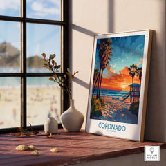 Coronado Print California artwork displayed indoors with beach and sunset scene in vibrant colors.
