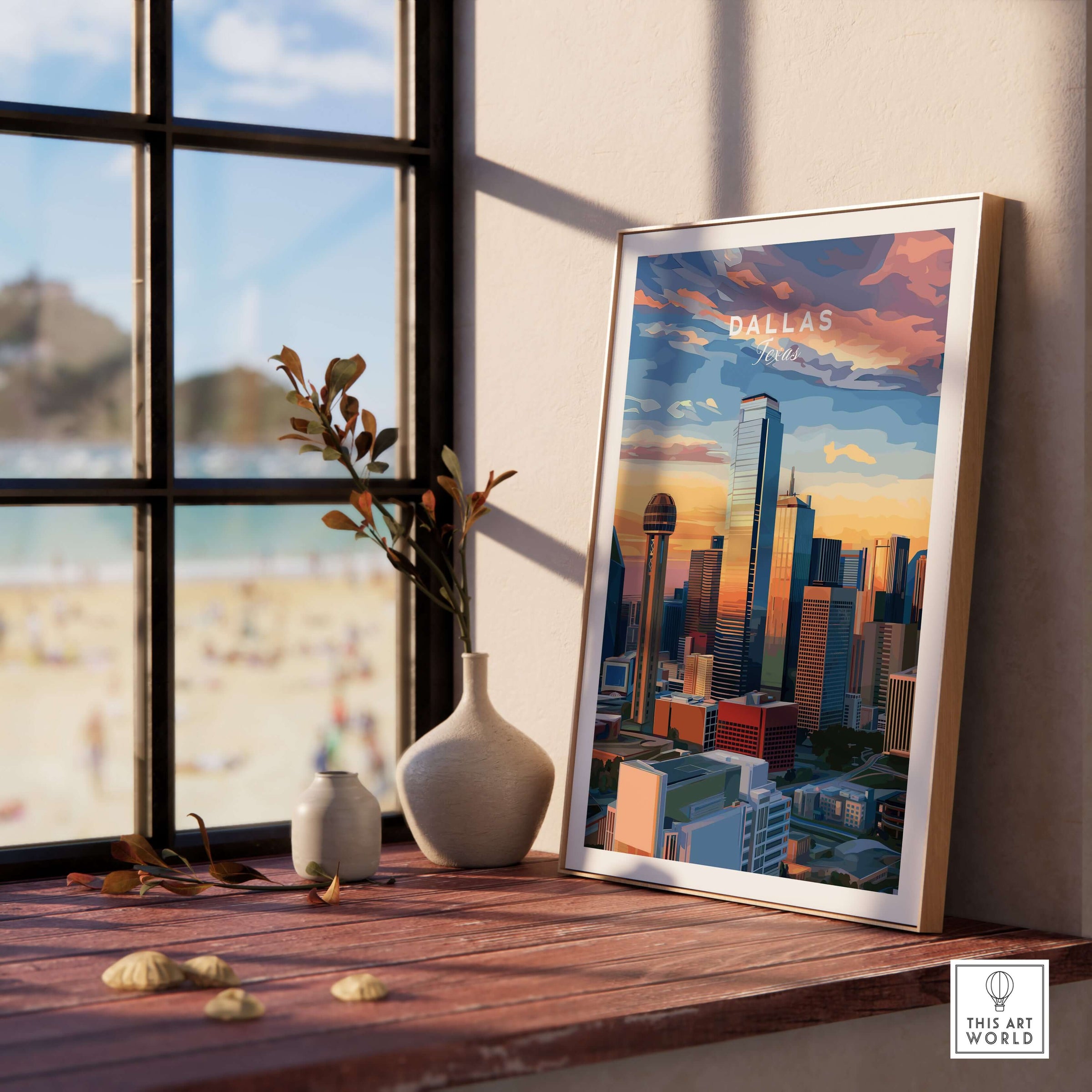 Dallas Texas Reunion Tower Skyline Poster - Downtown Cityscape Print displayed in a modern interior with a beach view.
