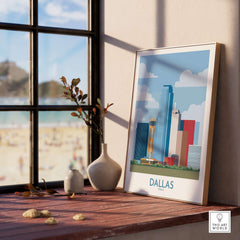 Dallas Cityscape Poster - Texas Travel Wall Art Decor displayed on a wooden table with a window view.