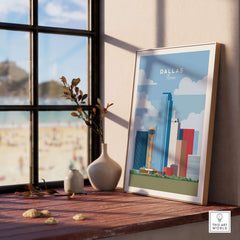 Dallas Texas Iconic Skyline Print - Reunion Tower Wall Art displayed in a stylish home setting with a beach view.