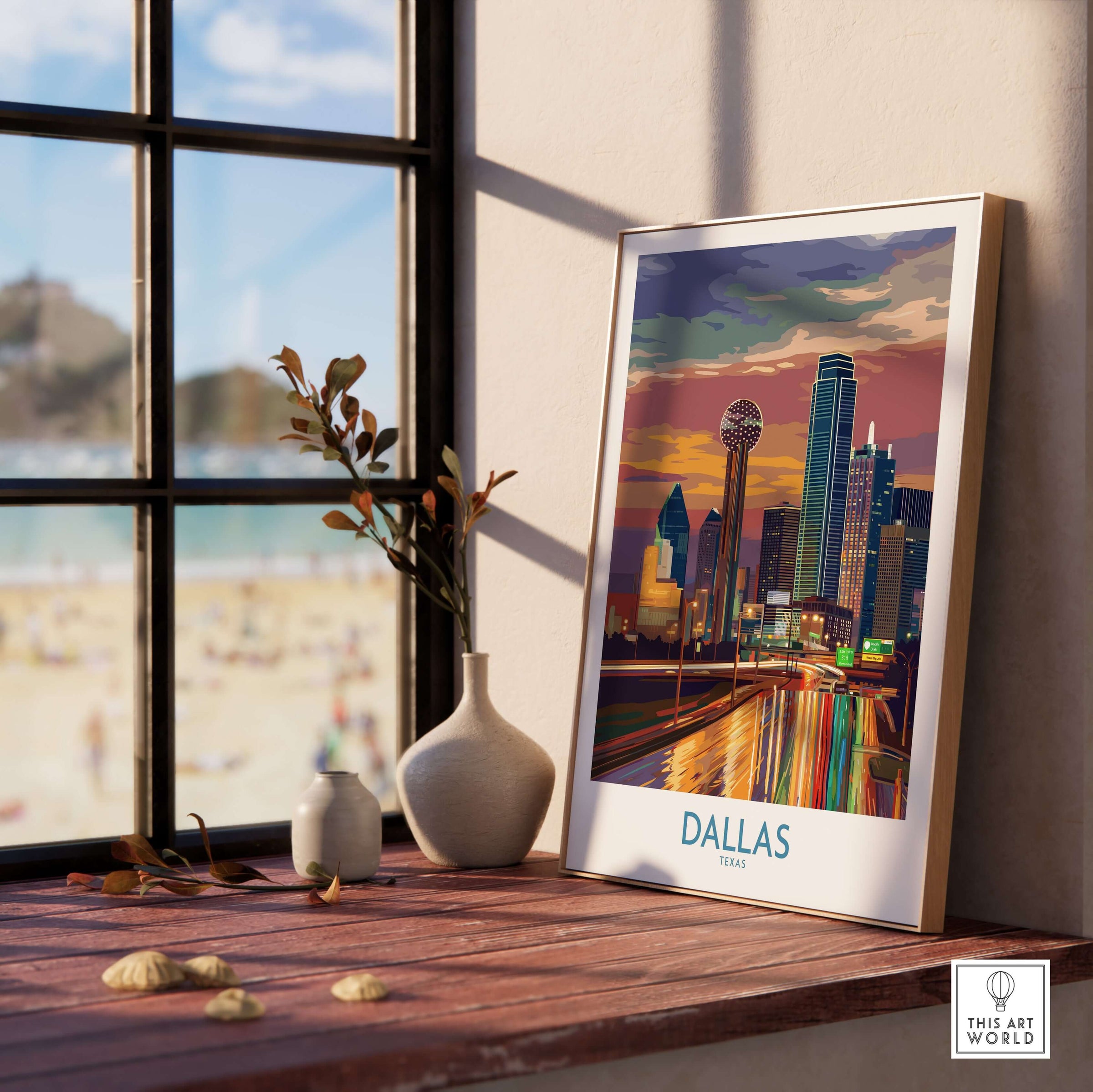 Dallas Downtown at Dusk Wall Art - Texas Urban Decor displayed in a stylish interior setting with a scenic view.