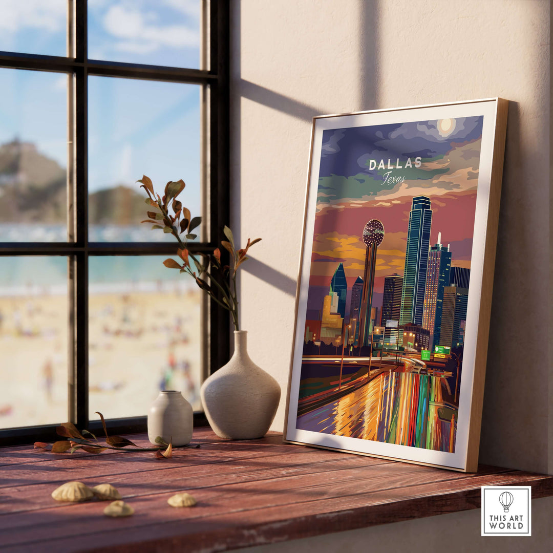 Dallas Texas Highway Night Lights poster framed by window, showcasing illuminated skyline and beach view.