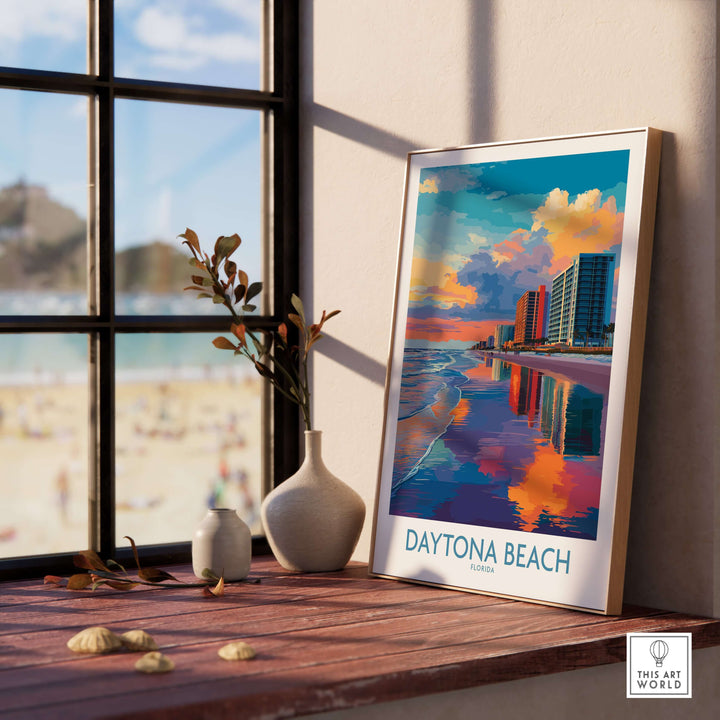 Daytona Beach Oceanfront Reflections Poster on a table by a window, showcasing serene beach views and vibrant colors.