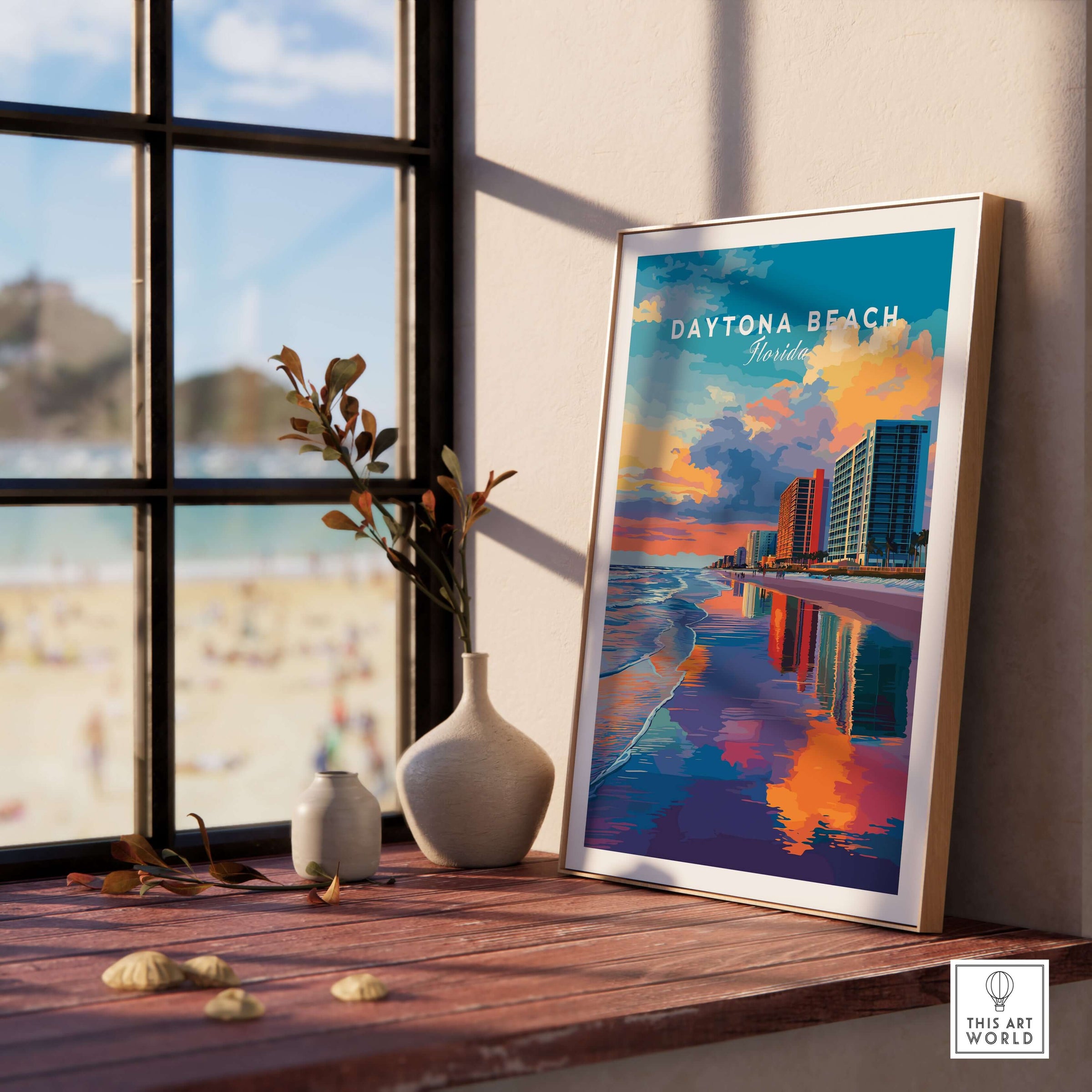 Daytona Beach Sunset Skyline Print - Florida Beachfront Cityscape Wall Art displayed in a beachside room with a window view.