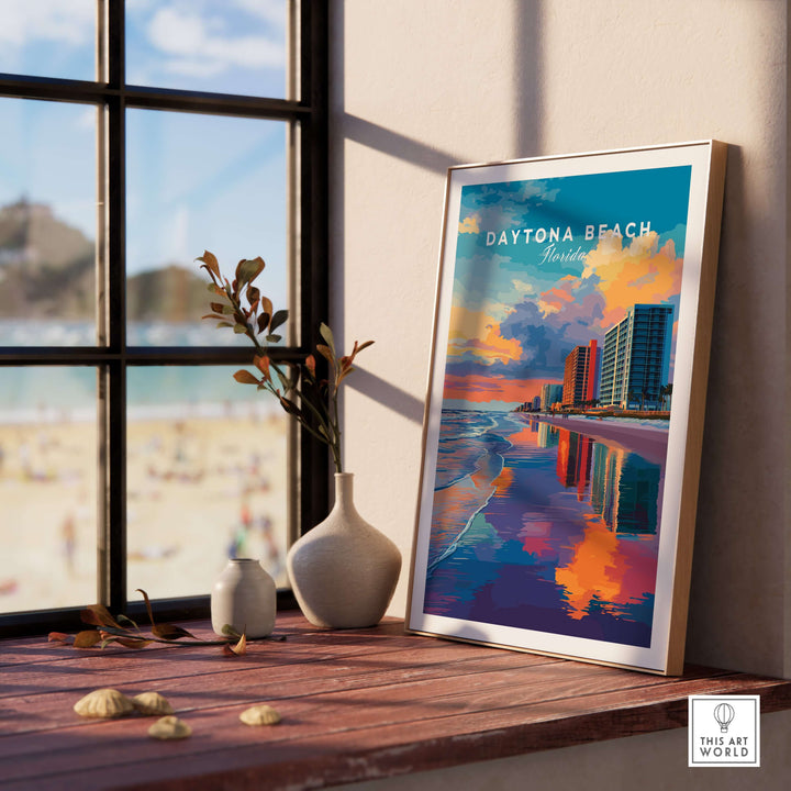 Framed Daytona Beach sunset skyline print showcasing vibrant colors and coastal cityscape by the window.