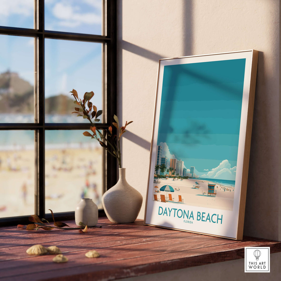 Daytona Beach Tropical Beachfront Poster art on a sunny windowsill, showcasing Florida vacation vibes.