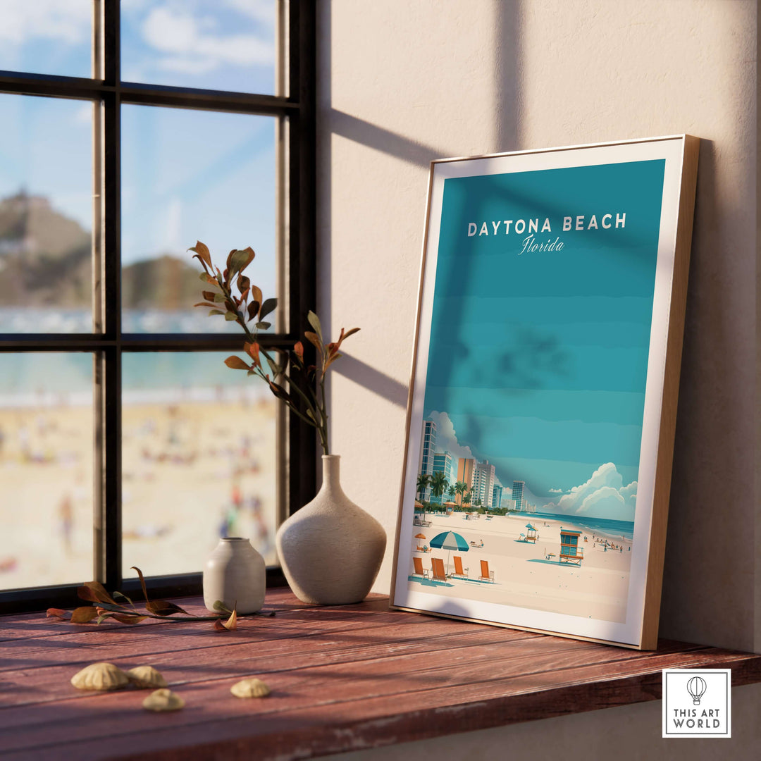 Daytona Beach Florida lifeguard station print showcasing vibrant beach scene and sunny atmosphere.