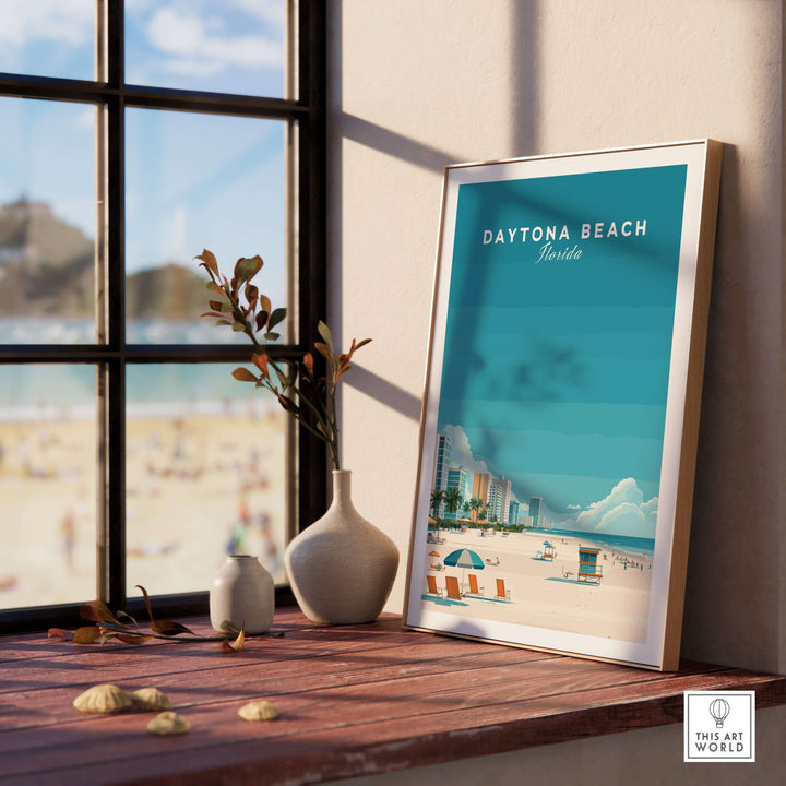 Daytona Beach Florida lifeguard station print showcasing vibrant beach scene and sunny atmosphere.