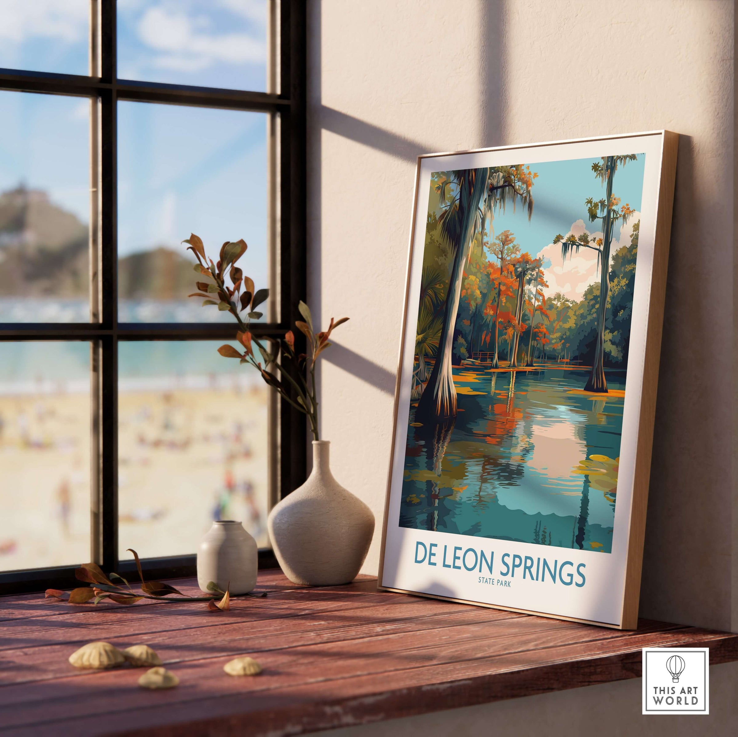 De Leon Springs Cypress Trees & Water Print - Florida Nature Decor displayed in a serene home setting with a view.
