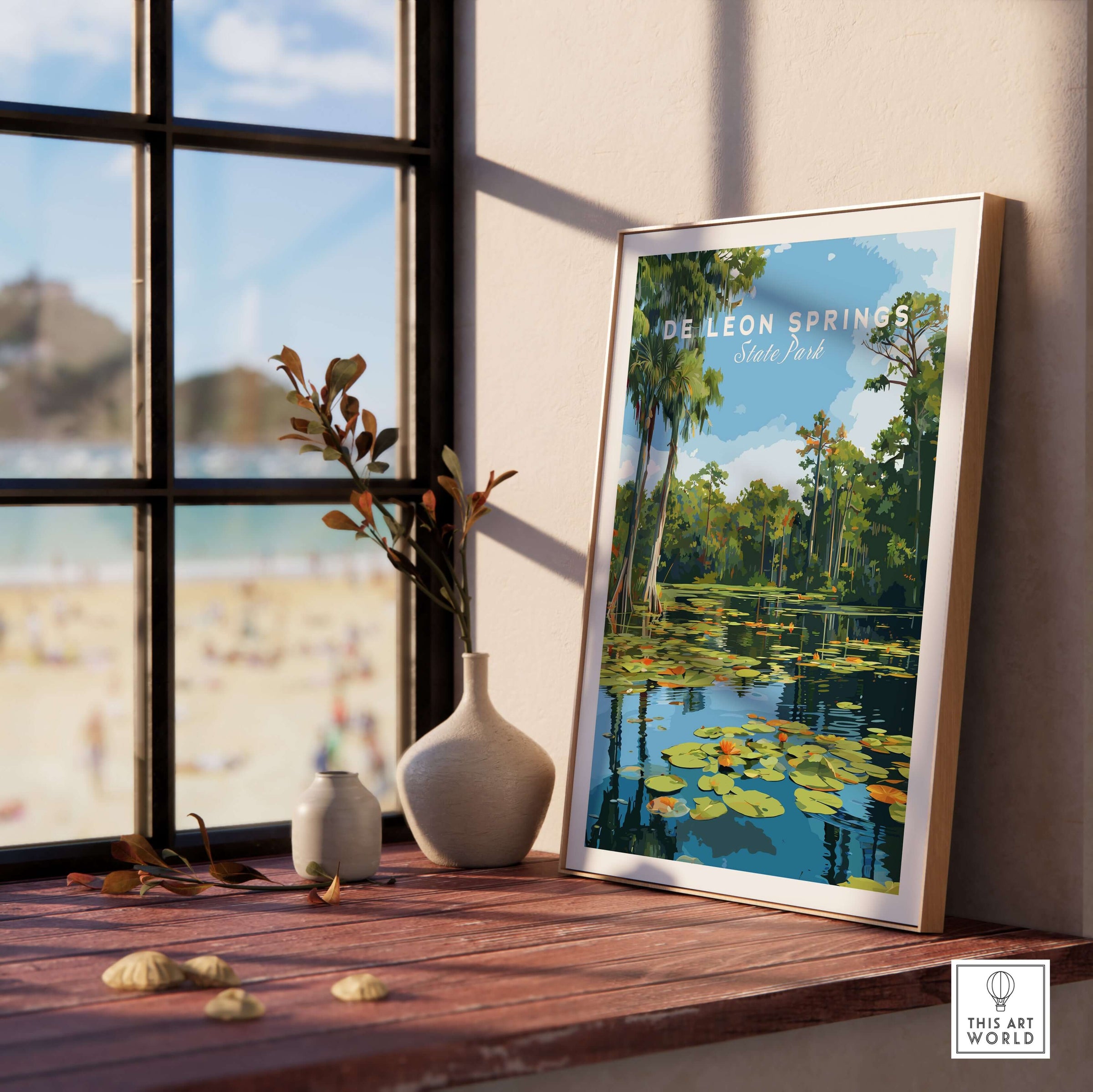 De Leon Springs Lily Pads on Water Print - Florida Natural Spring Wall Art displayed in a cozy indoor setting.