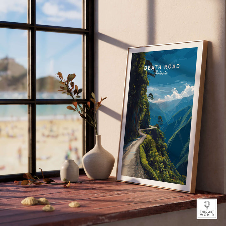 Death Road Print | South America Adventure Decor | Yungas Road Poster displayed in a stylish interior setting.