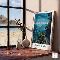 Death Road Bolivia Hiking Trail Art Print | Camino de la Mortes Poster displayed in a cozy indoor setting with a view.