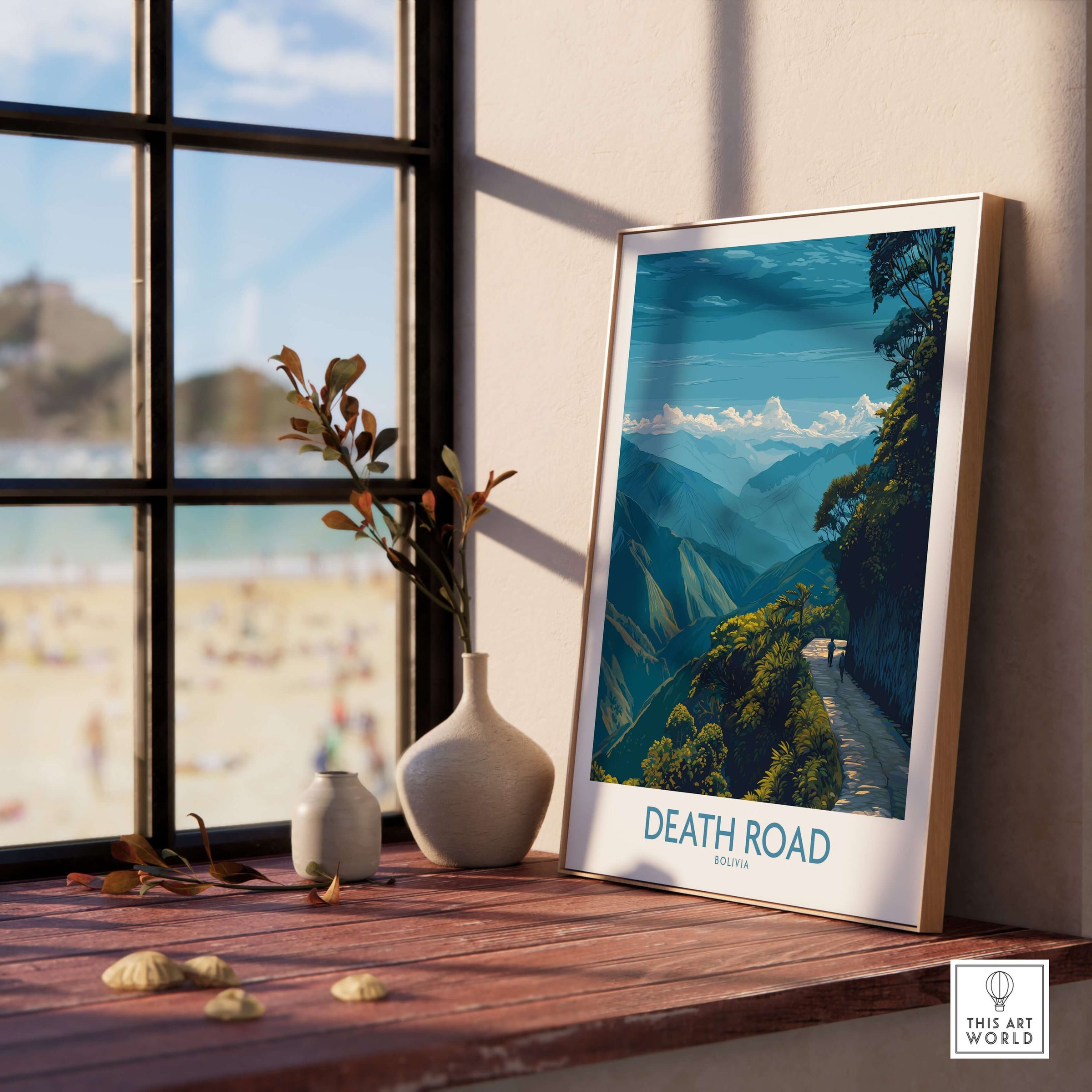 Death Road Bolivia Hiking Trail Art Print | Camino de la Mortes Poster displayed in a cozy indoor setting with a view.