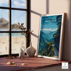 Death Road Yungas Adventure Scenic Print | Bolivian Travel Wall Decor displayed in a bright room by the window.