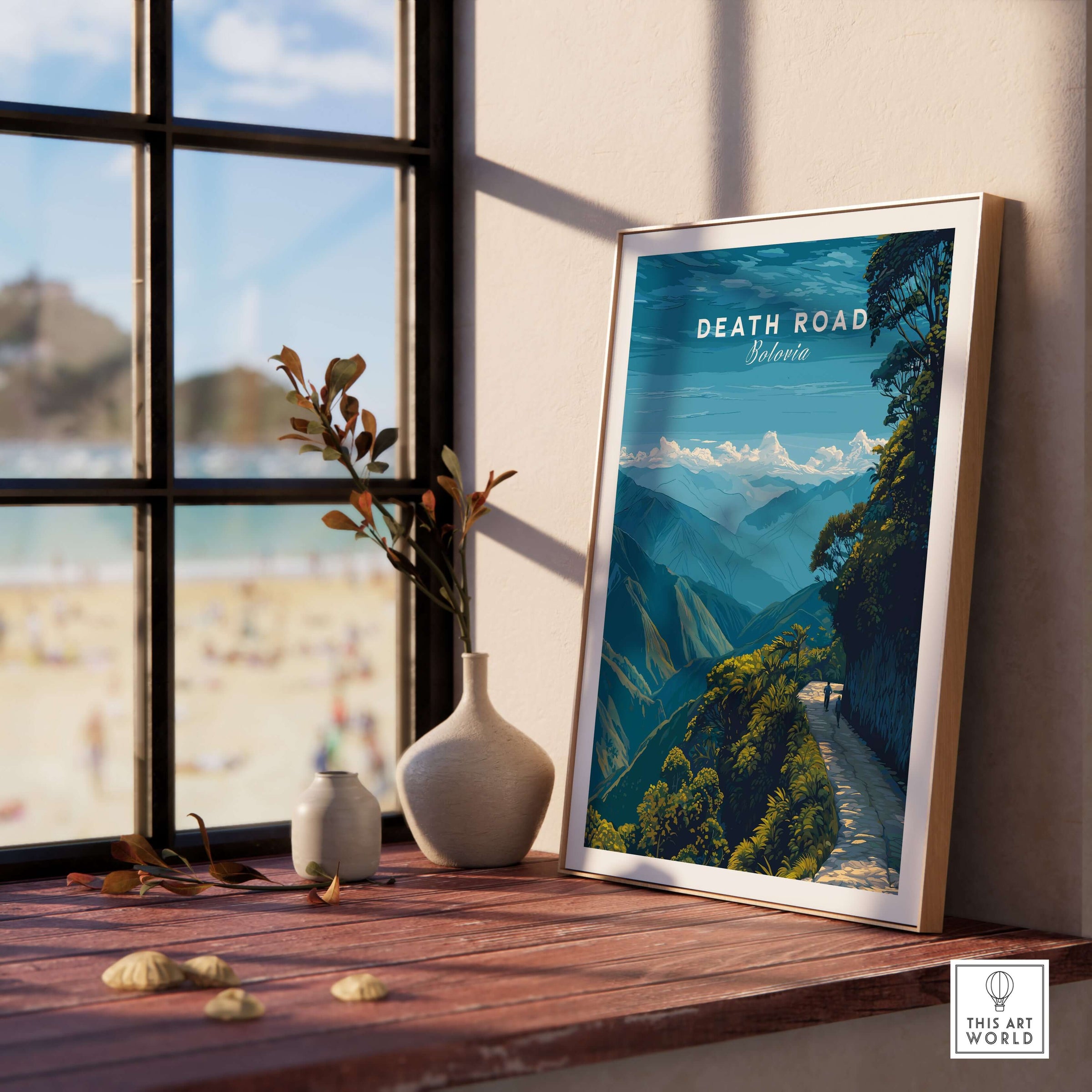 Death Road Yungas Adventure Scenic Print | Bolivian Travel Wall Decor displayed in a bright room by the window.