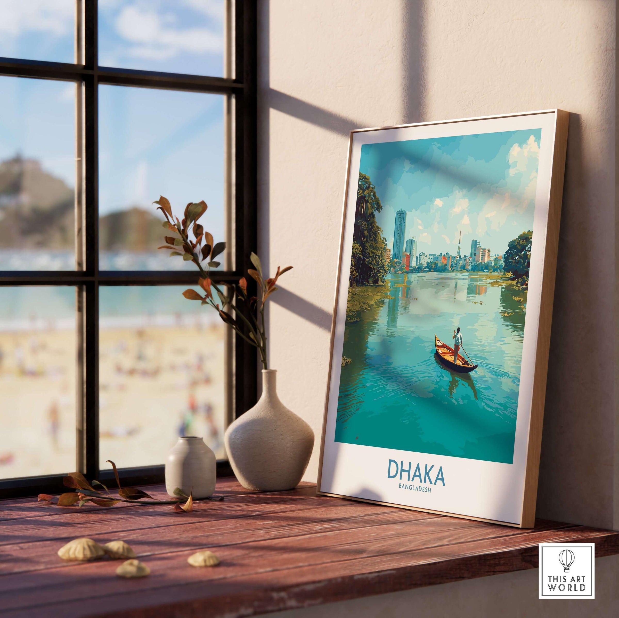 Dhaka Print Bangladesh Buriganga River Poster - Bangladeshi Cityscape Decor displayed in a cozy interior setting.