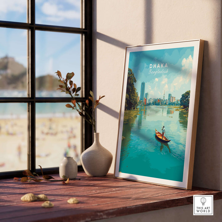 Dhaka river city view print poster displayed by a window, showcasing vibrant urban waterfront art.