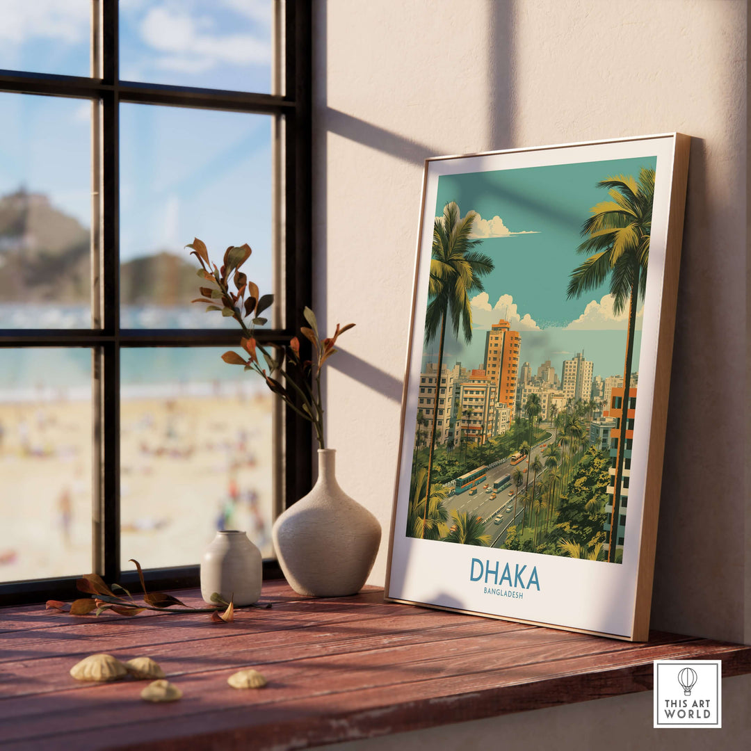 Dhaka Bangladesh cityscape wall art displayed in a modern interior, showcasing urban landscape and palm trees.