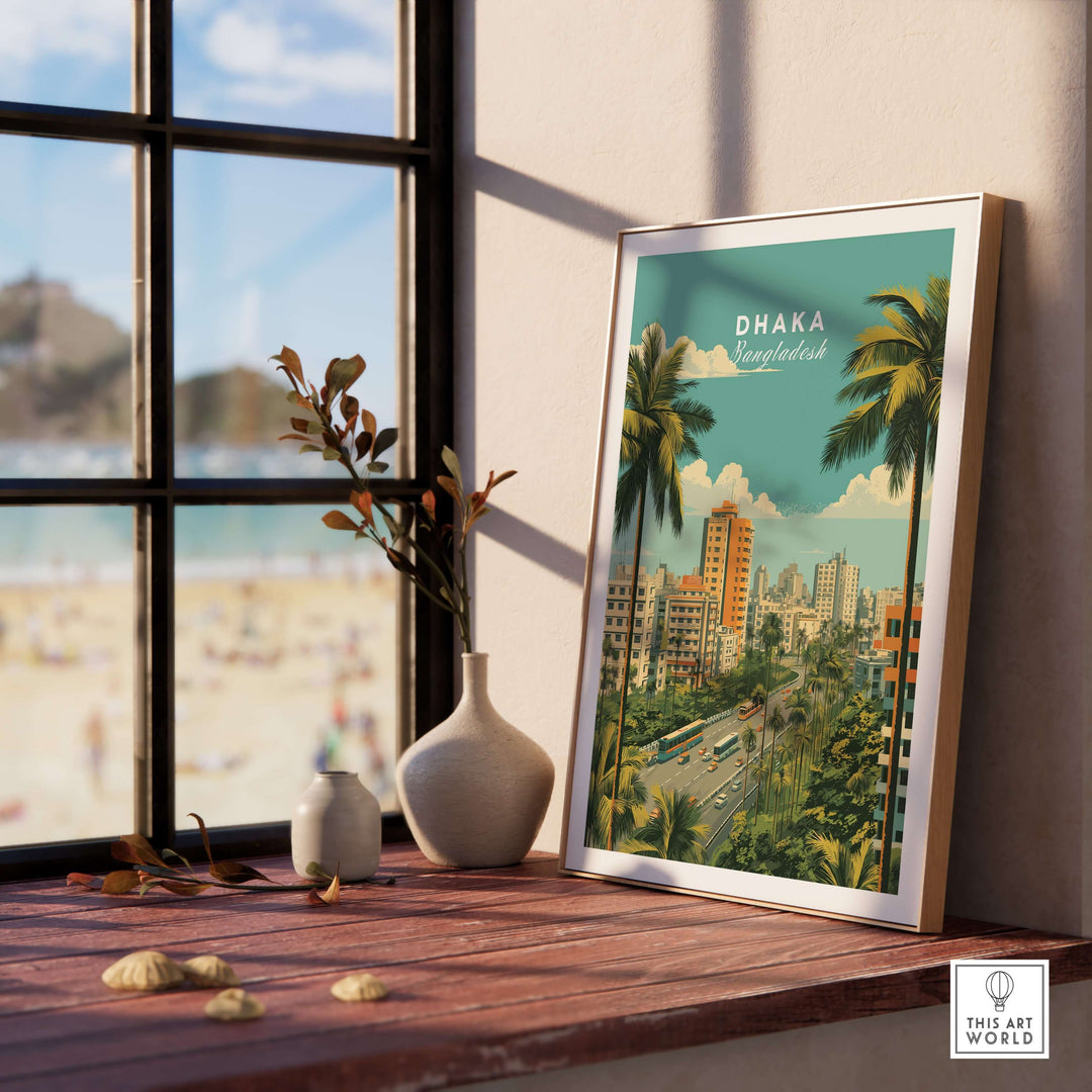 Modern Dhaka Bangladesh poster featuring city skyline and palm trees, perfect for urban decor.