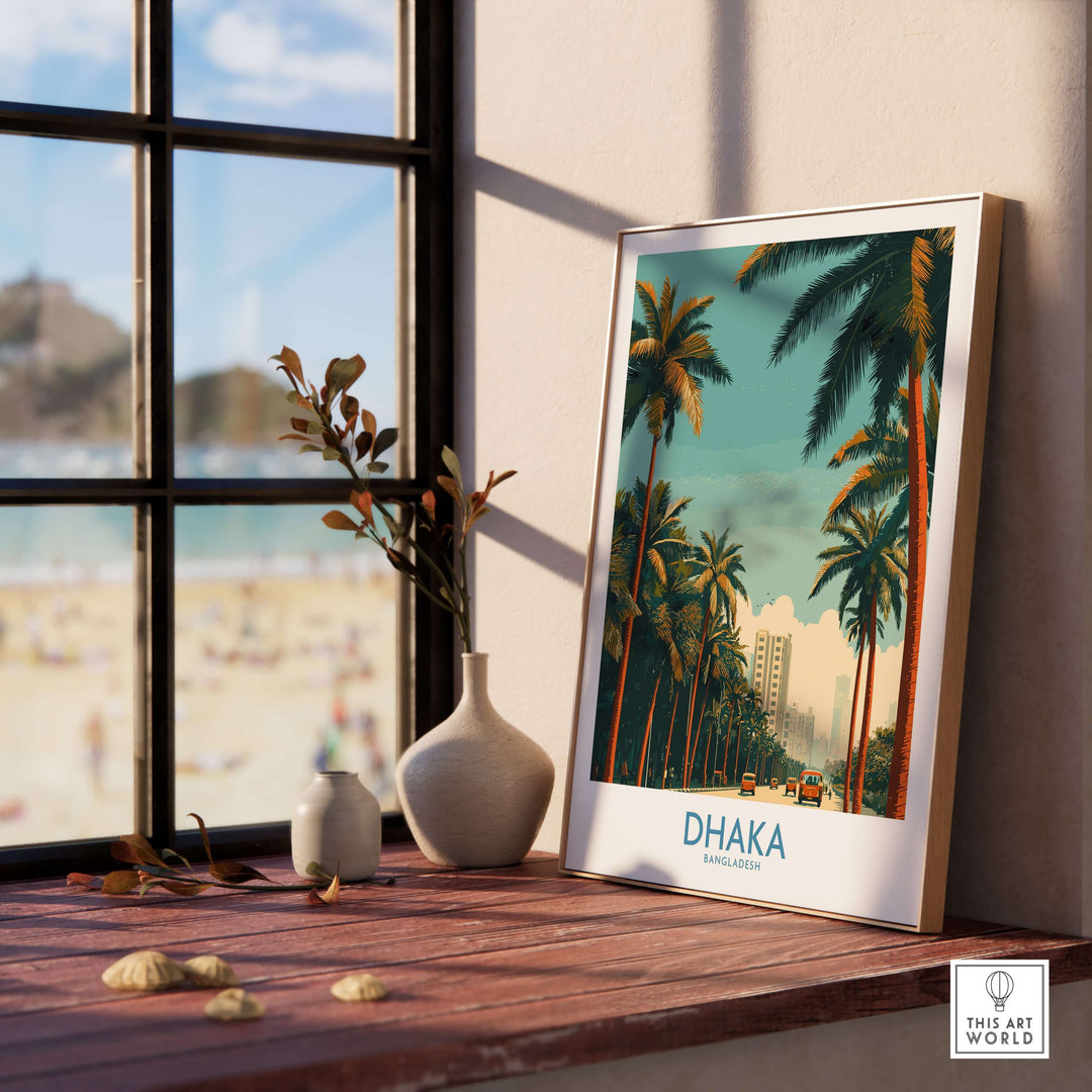 Dhaka Bangladesh poster showcasing vibrant city life and palm trees, perfect for travel-themed home décor.
