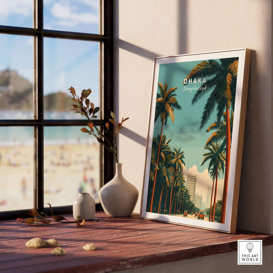 Dhaka Bangladesh Print showcasing vibrant city life and palm trees, displayed in a stylish interior with sea view.