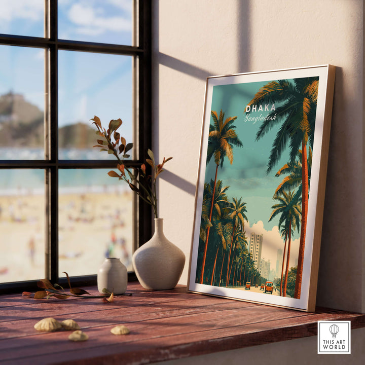 Dhaka Bangladesh Print showcasing vibrant city life and palm trees, displayed in a stylish interior with sea view.