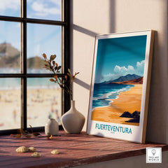 Fuerteventura Travel Poster showcasing beautiful beaches and ocean view from a window display.