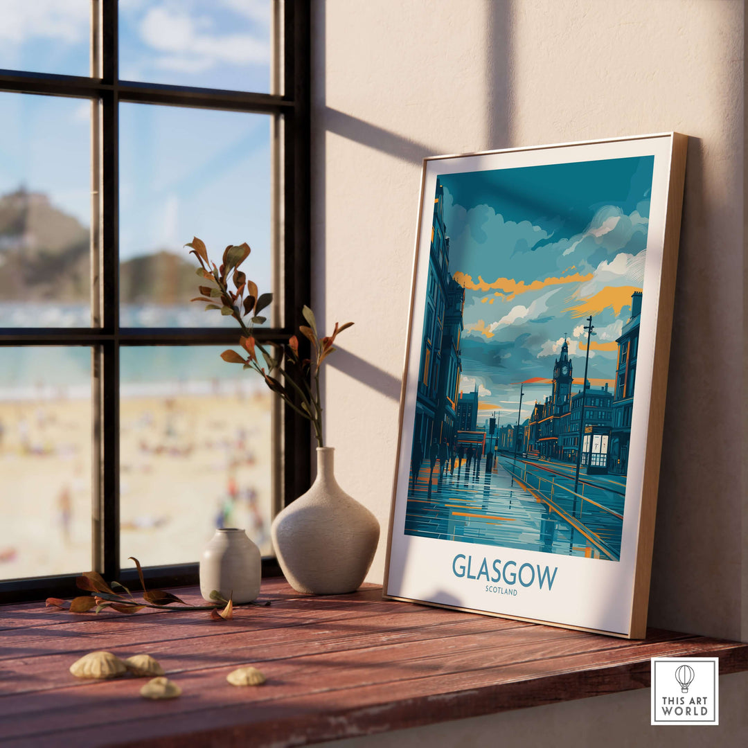Glasgow Clock Tower cityscape poster displayed on a windowsill, showcasing Scottish travel decor and urban charm.