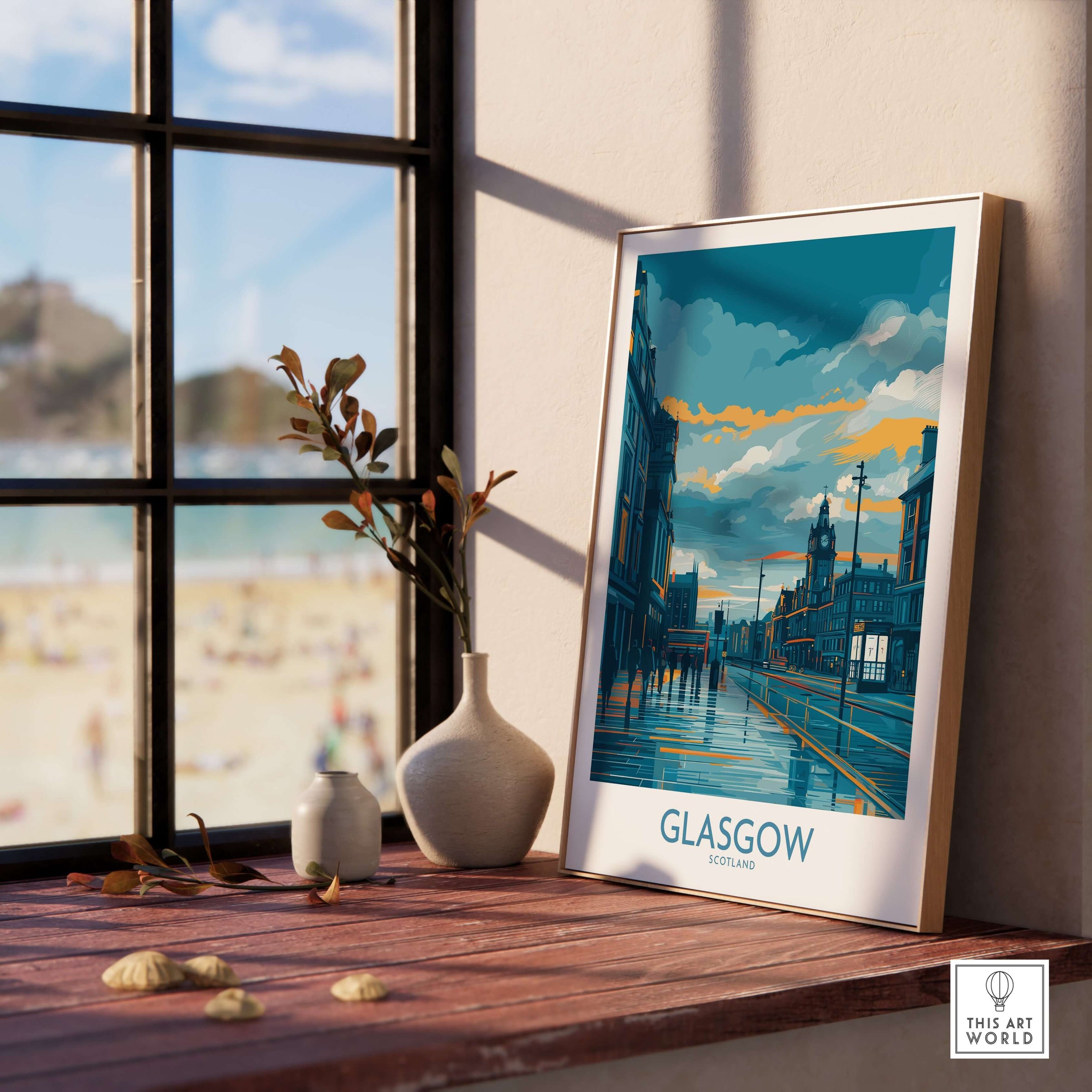 Glasgow Clock Tower Cityscape Poster - Scottish Travel Decor displayed on a wooden table with a vase and a beach view.