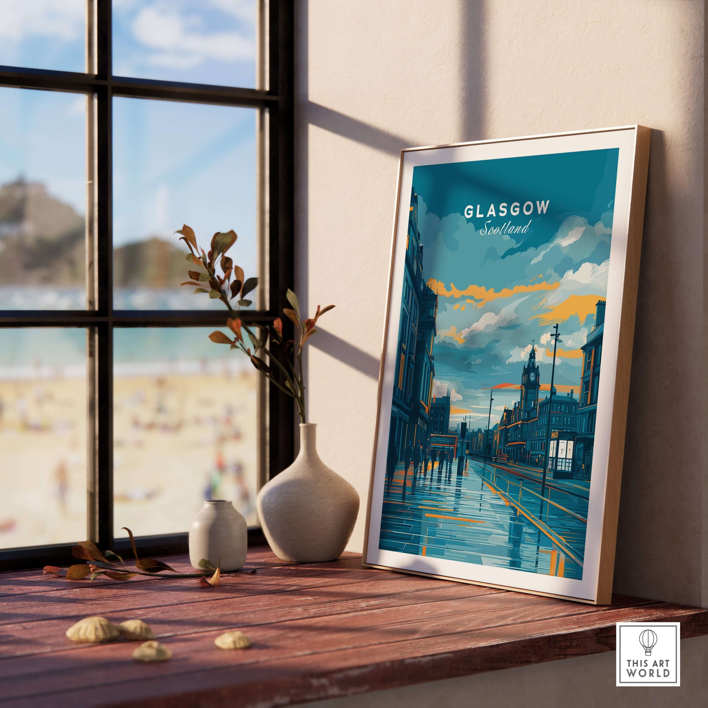 Glasgow City Street at Dusk Print - Scotland Wall Art displayed on a wooden surface near a window.