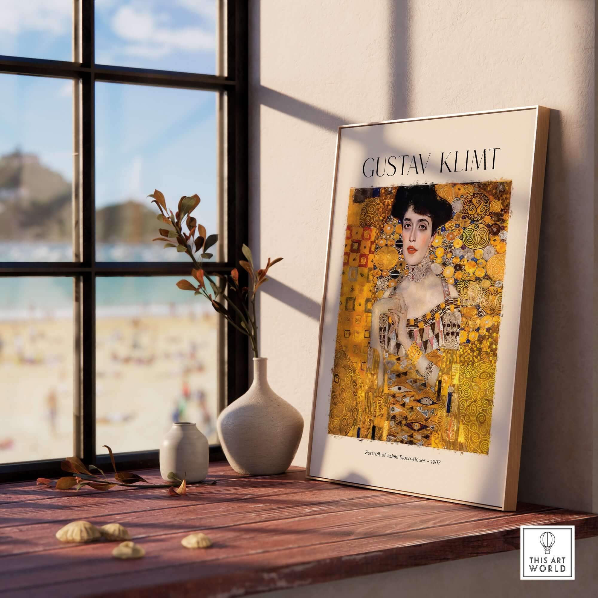 Gustav Klimt Art Print - Portrait of Adele Bloch-Bauer I Poster 1907 framed on a wooden shelf by a window.