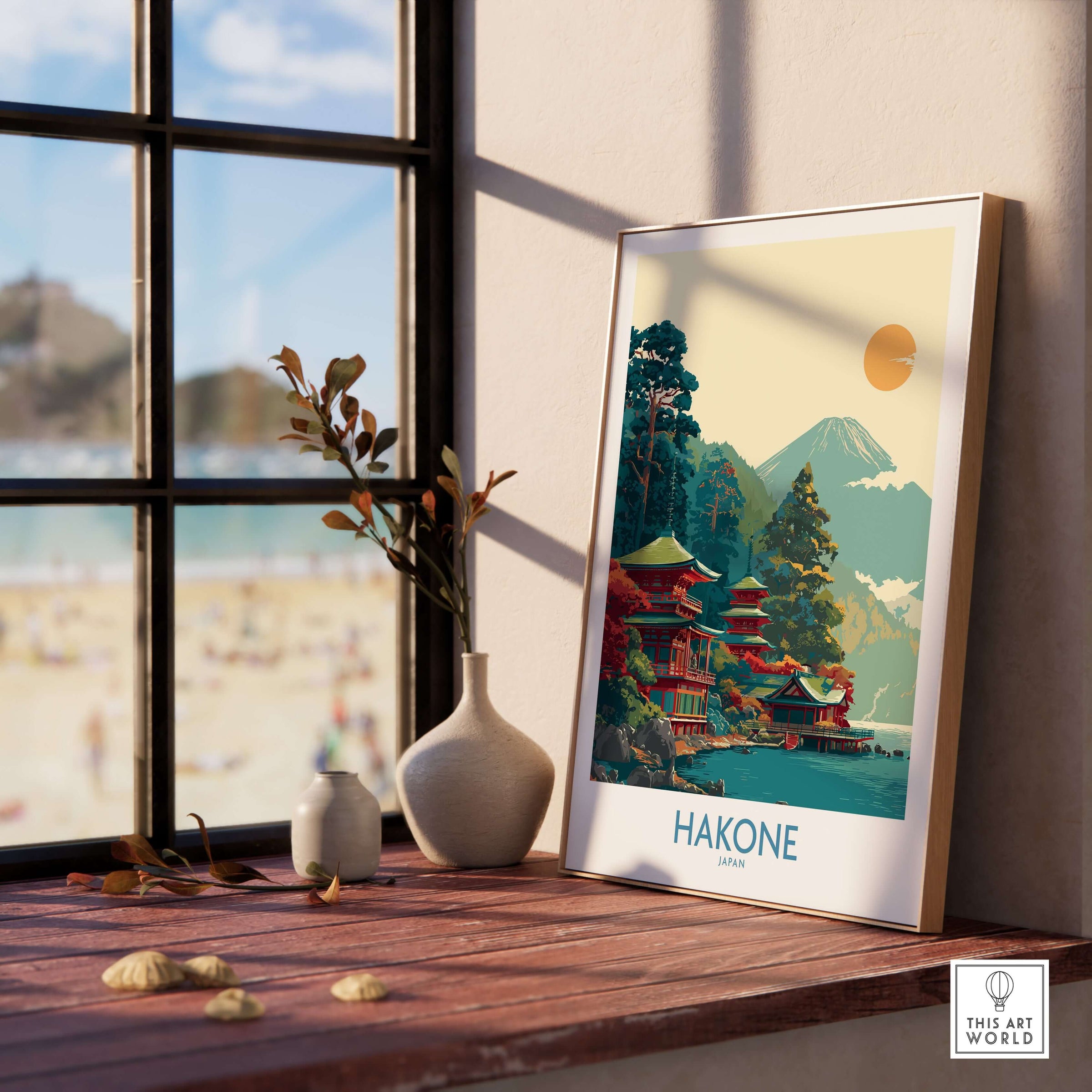 Hakone Japan Lake Ashi Temple Print - Japanese Pagoda Wall Art displayed in a cozy interior setting.