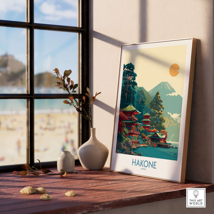 Hakone Japan Lake Ashi temple print with traditional pagoda and Mount Fuji in serene setting.