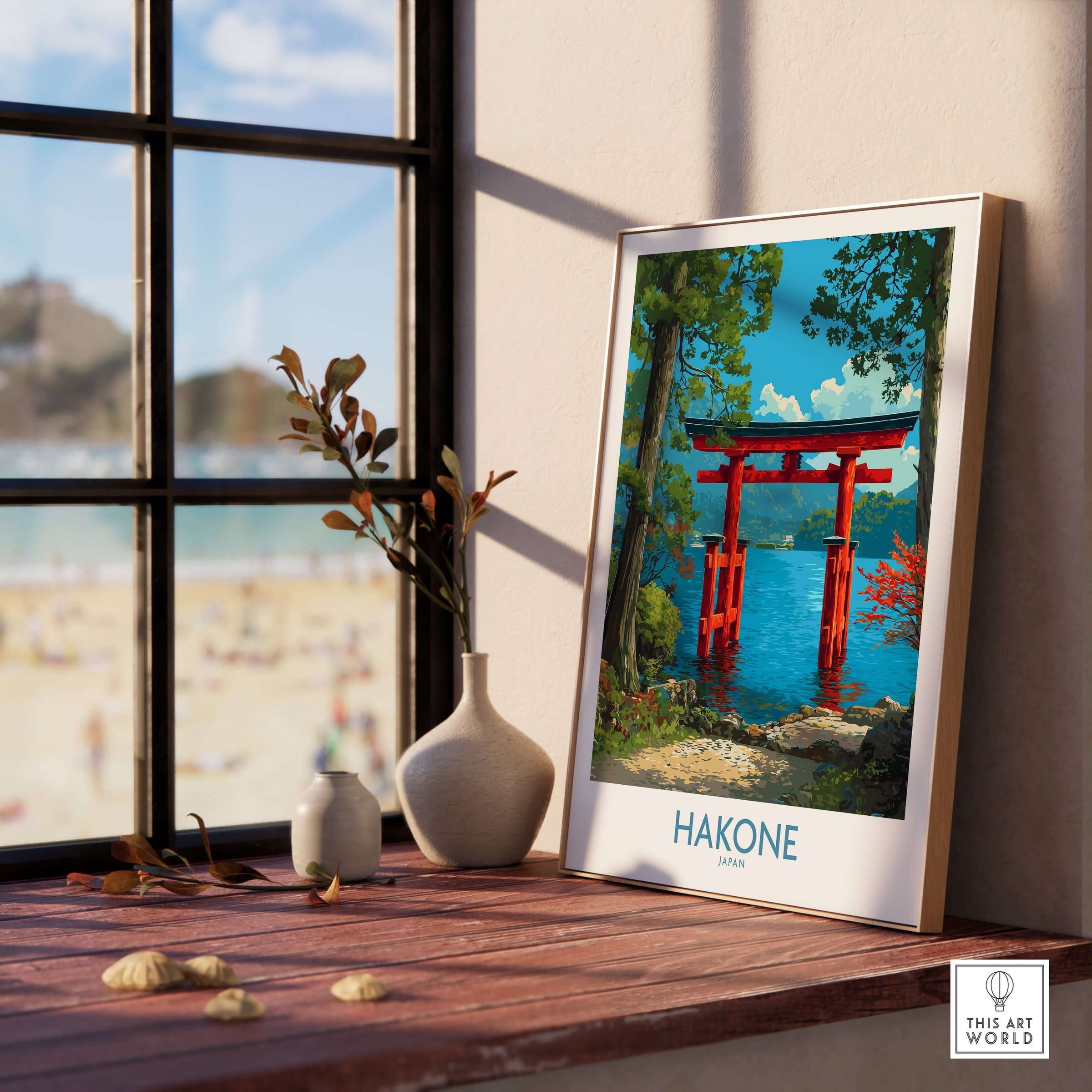 Hakone Japan Iconic Torii Print - Japanese Scenic Landscape Decor displayed in a home setting near a window.