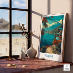 Hakone Japan Lakeside Temple Wall Art - Japanese Nature Travel Decor displayed in a sunlit room with serene lake view.