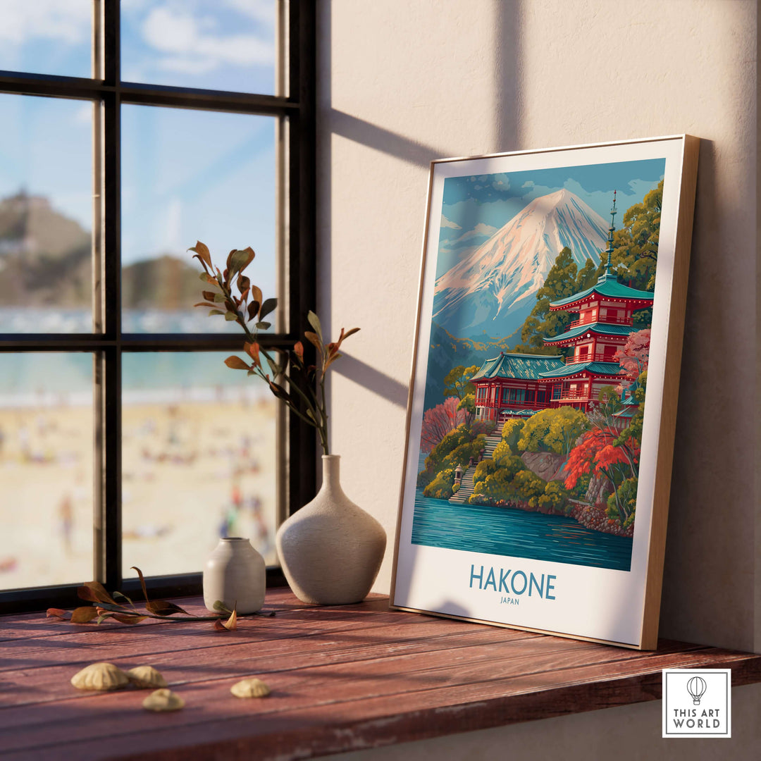 Hakone Japan wall art print featuring Mount Fuji and traditional architecture in a serene indoor setting.
