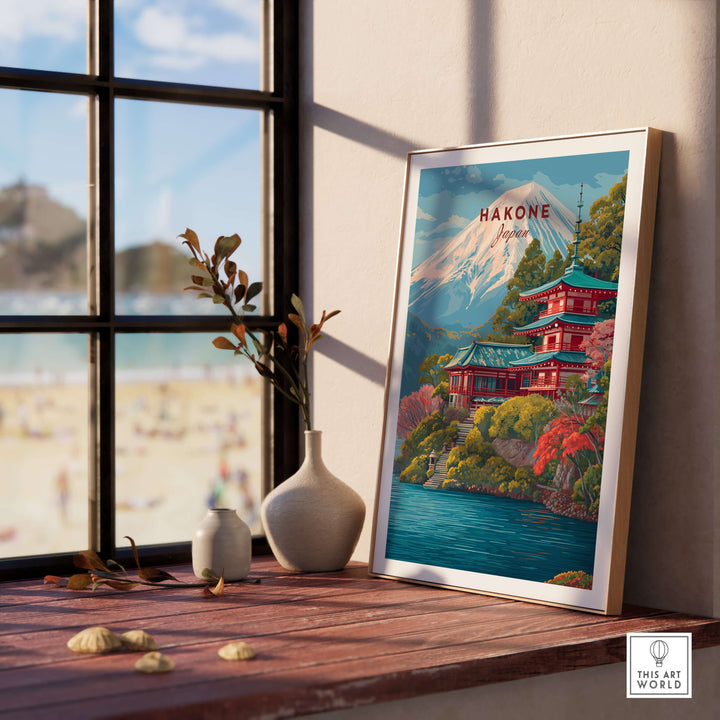 Hakone print featuring a historic shrine, Mount Fuji, and Lake Ashi in a serene home setting.
