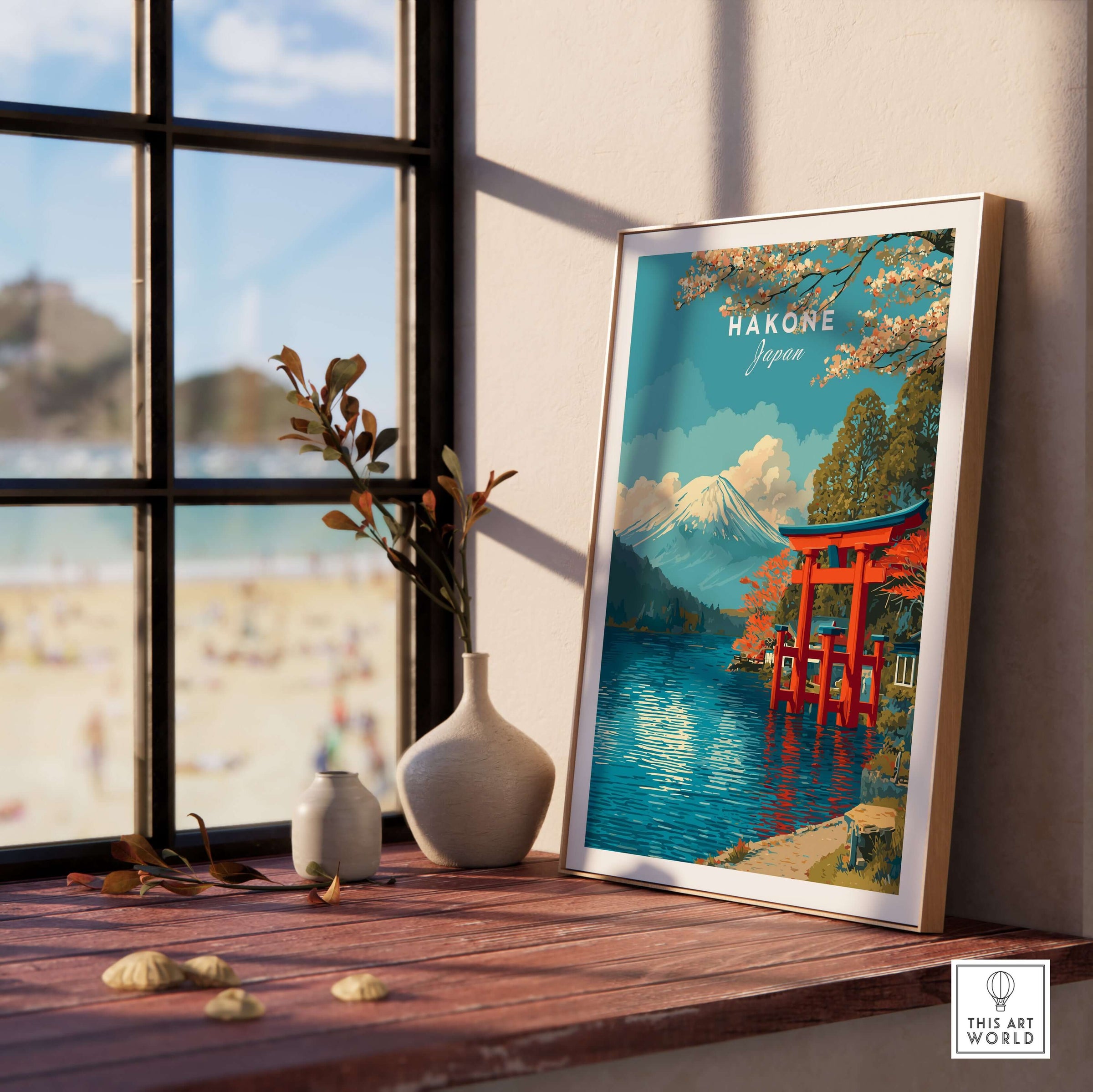 HakonePrint Japan Peace Shrine Torii Artwork - Mount Fuji Lake Ashi Poster displayed by a window in a cozy room.