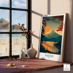 Hakone Japan Wall Art Lake Ashi Print - Japanese Spiritual Poster displayed on a windowsill with a serene landscape.