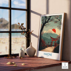 Hakone Japan Peace Gate Shrine Wall Art - Autumn Cherry Blossom Decor framed near a window with scenic view.