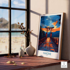 Hakone Wall Art - Japan Travel Poster displayed in a serene interior setting with a view of the beach.