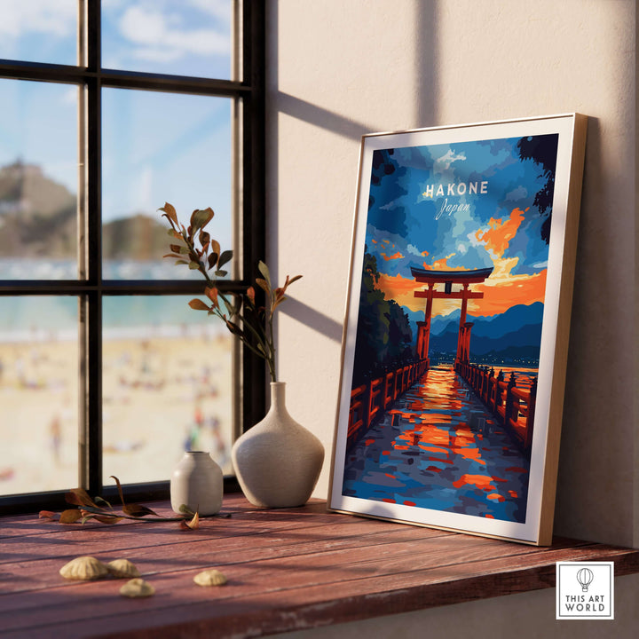 Hakone wall art poster featuring Torii gate at sunset, reflecting on Lake Ashi, enhancing interior decor with Japanese elegance.