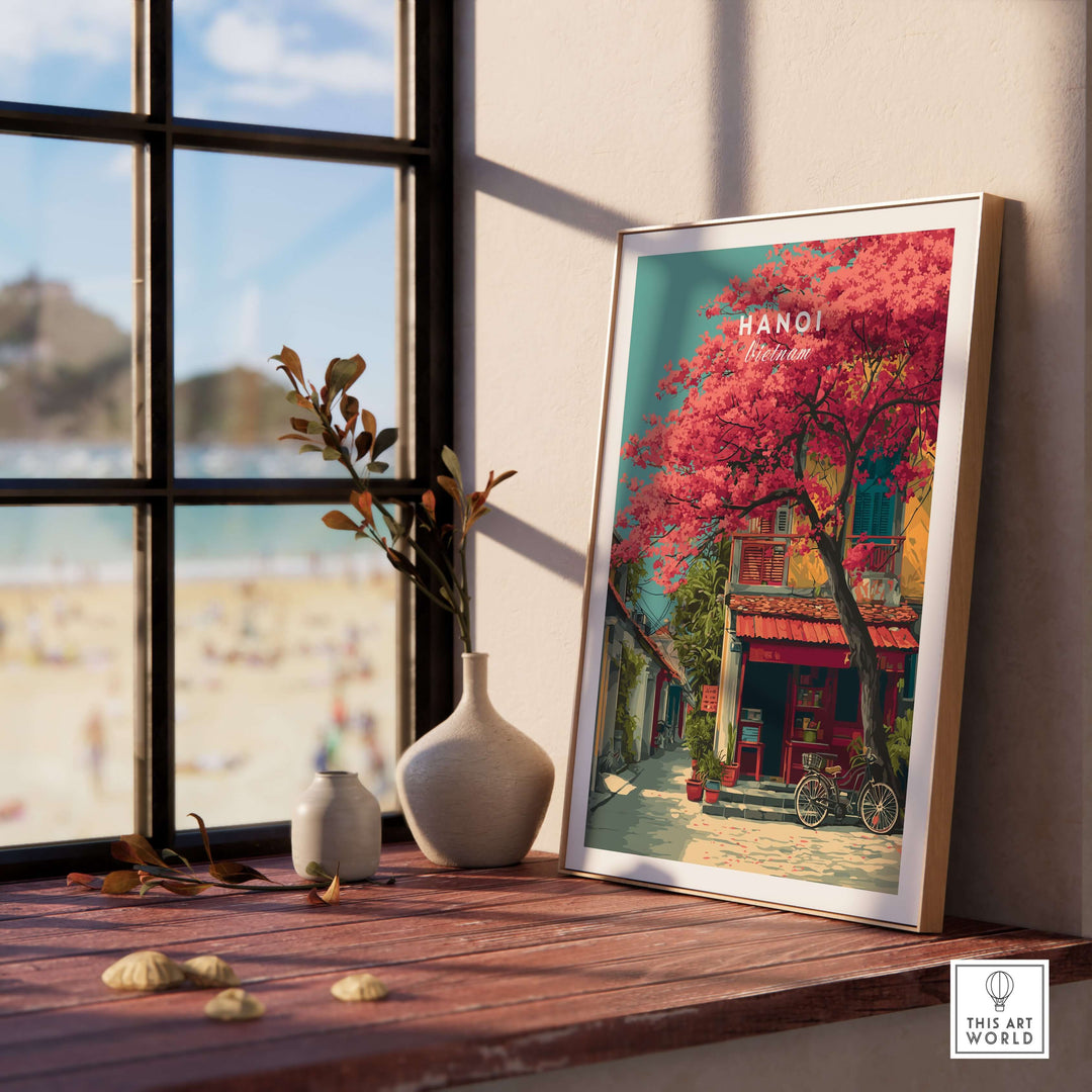 Hanoi Vietnam print featuring cherry blossom street, colorful wall art in a stylish interior setting.
