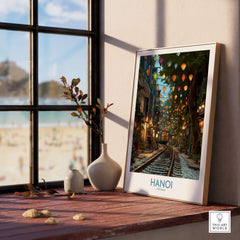 Hanoi Vietnam Train Street Wall Art - Hanoi Travel Print featuring colorful lanterns and train tracks in a charming setting.
